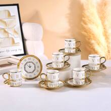 6 piezas Juego de taza y platillo de estilo europeo, borde dorado, taza de café y platillo de cerámica de 2.8oz, adecuado para desayuno, té de la tarde, fiesta de té, hogar, jardín, restaurante y otras ocasiones. Vajilla para verano e invierno, juego de taza y platillo, esencial para la temporada de regreso a clases.