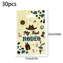 Set de 10 piezas/30 piezas/50 piezas/100 piezas Bolsas de regalo con temática del Oeste "Mi Primer RODEO", bolsas de plástico a prueba de agua para fiesta, cumpleaños, compras, almacenamiento, bolsas de mano para familia y amigos, vuelta al cole, Día de San Valentín - Amarillo - Ver 7