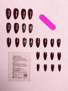 Agrega un toque de romance. 24 piezas de uñas postizas de estilo sencillo de longitud media, de color rojo vino elegante con lacito de diamantes, dulce y bonito diseño de almendra, adecuado para decoración de uñas de mujer + 1 pieza de pegamento de gel + 1 tira de lima. Suministros para uñas - Multicolor - Ver 3