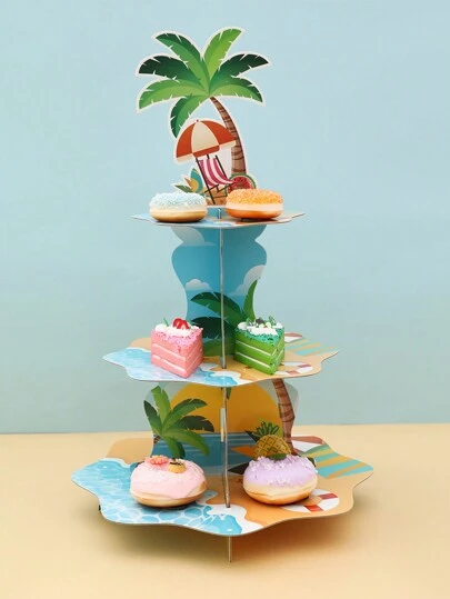 三层夏威夷夏日假日纸杯蛋糕架，夏威夷草裙舞派对纸质蛋糕架甜点展示架，纸质食品托盘蛋糕塔装饰，蛋糕装饰，蛋糕顶饰，生日假日派对装饰，婚礼餐桌装饰，海滩泳池派对装饰，夏季主题派对用品，派对礼品