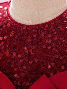 女婴纯色亮片网纱蝴蝶结薄纱蛋糕裙无袖可爱花童派对礼服，不含头饰 - 酒紅色 - 查看 7