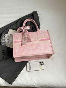 1 件时尚女士手提包（11 英寸 * 7.9 英寸 * 3.9 英寸），大容量，方形，轻巧，精致丝巾装饰，防刮材质，适合购物、约会、聚会、通勤，简约优雅灰粉色字母图案女士手提包。，女士时尚蝴蝶结钱包