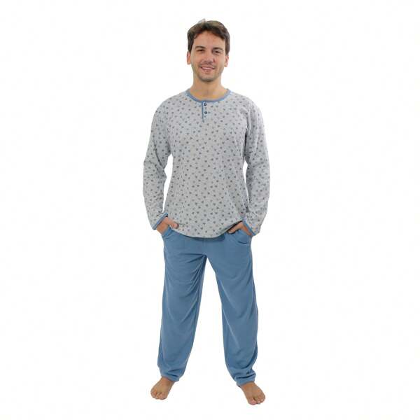 Pijama Moletinho Blusa Estampada 2 botões calça lisa