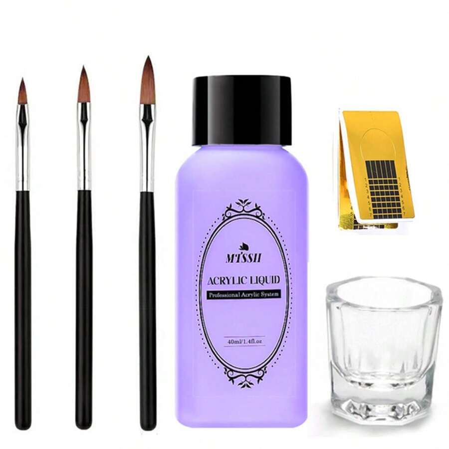 40ml Monomer Acrylic Nail Liquid With 3PCS Nail Brush Acrylic Liquid Monomer For Acrylic Powder Nails Extension DIY Nail Brush& Acrylic Nail Cup&Nail Form Paper Tray Acrylic Press On Nails