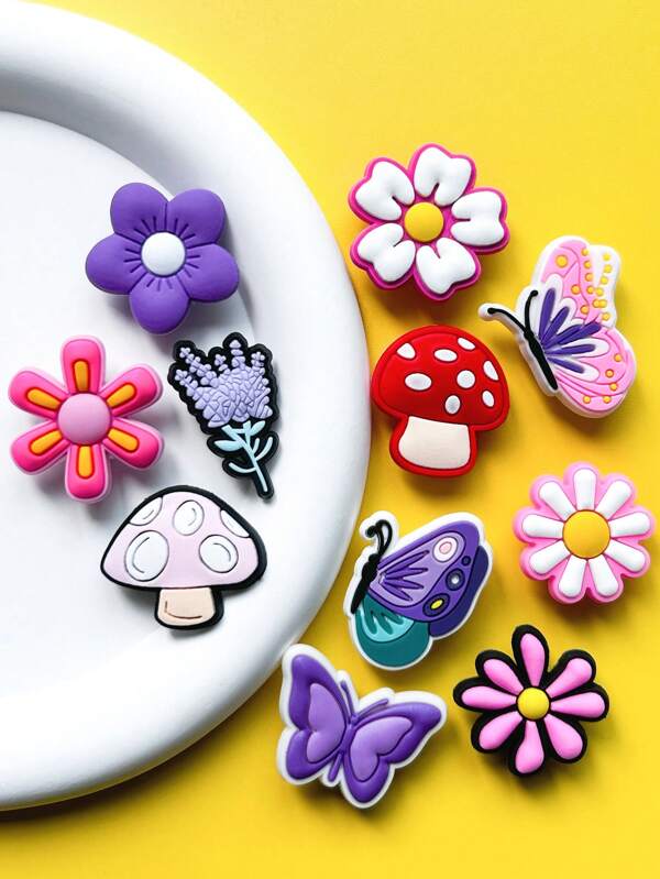 11 PCS Butterfly Flower Series, Mushrooms, Flowers, Wheat Ears, Butterflies Shoe Charms For ShoeCharms Pack For Wristband Bracelets Sandals Bubble SlidesPVC Shoe Charms For DIY Accessories Party Favors