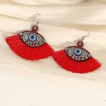 2pcs Bohemian  Earrings, Velvet Eye-Shaped Earrings With Tassels And Rhinestone Decoration, Suitable For Women And Girls
