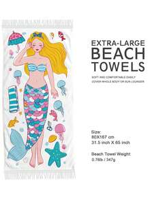 1入組80 * 167公分美人魚公主沙灘毛巾，帶流蘇，海洋世界生物沙灘毛巾，超大柔軟吸水沐浴毛巾，適用於游泳瑜珈運動 - 彩色 - 查看 3