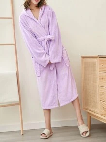 1 szt. Jednokolorowy damski szlafrok z kapturem, długi szlafrok do domu, bielizna nocna, miękki materiał chłonny, odpowiedni do łazienki, basenu, prysznica, na cały sezon, prezent premium z okazji powrotu do szkoły