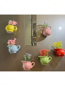 6入組迷你陶瓷花瓶磁鐵-3D花卉冰箱裝飾，強力吸附和獨特禮物 - 彩色 - 查看 2