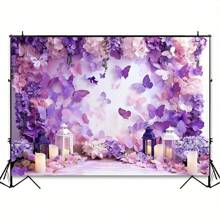 1 pièce Toile de fond en polyester à motif floral et papillon pour mariages et anniversaires, usage polyvalent sans électricité - thème de fleurs et papillons violets pour les occasions d'automne, d'hiver et de Noël
