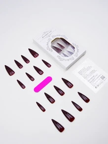 24PCS Wine Red Fake Nails, Press On Nails With Simple Design, False Nails For Women Girls Daily Wear(Long Stiletto Shape) Nail Supplies - Burgundy - View 4