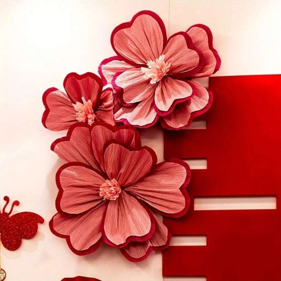3 peças de Flores de Papel Crepom Plissado Tridimensional Bicolor, Vários Tamanhos, Adequadas para Decoração de Casamento, Festa e Aniversário - vermelho - Visão 1