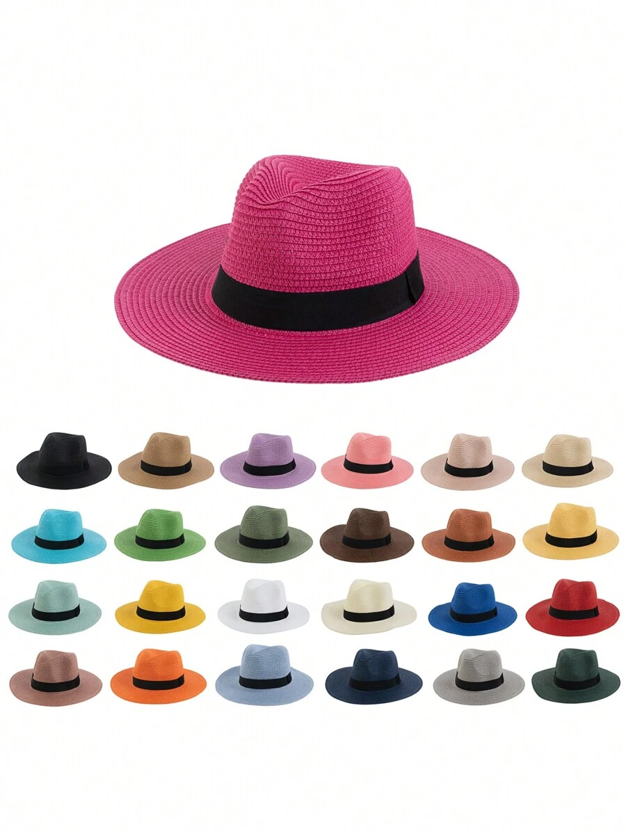 1pc Unisex Fashionable Black Braid Band Panama Hat Sun Hat For Beach - Straw Hat - View 1