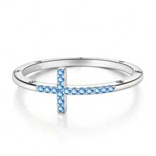 925 Sterling Silver Blue Zirconia Ocean Blue Cross Ring, Including Gift Box, 1pc, For Women's Romantic, Fashionable, Simple, Elegant, Everyday, Gifting, Versatile, Party - Sea Blue Ring - View 4