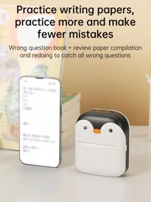 Mini C9 Small Portable Rechargeable Printer With Cute Penguin Design, Including A Roll Of Thermal Paper - Black and White - View 6