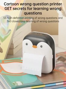 Mini C9 Small Portable Rechargeable Printer With Cute Penguin Design, Including A Roll Of Thermal Paper - Black and White - View 3