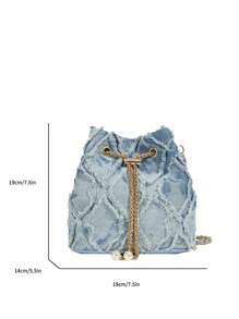 New Classic Versatile Solid Color Rhombus Textured Metal Drawstring Closure One Shoulder Bucket Bag, Elegant Women Wallet, Suitable For Shopping, Commuting, Parties And Other Occasions - Blue - View 6