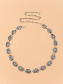 Y2K Vintage Western Style Metal Chain Waist Chain With Embossed Floral Pattern, Multi-Layer Body Chain For Women's Waist - Silver - View 6