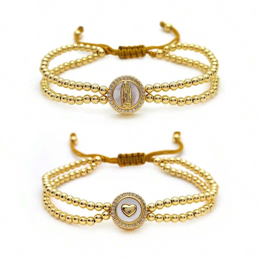Handmade Virgin Mary Natural Shell 18K Gold Beaded Braided Bracelet, Niche Brand, Suitable For Spring/Summer, European And American Market - Gold - View 1