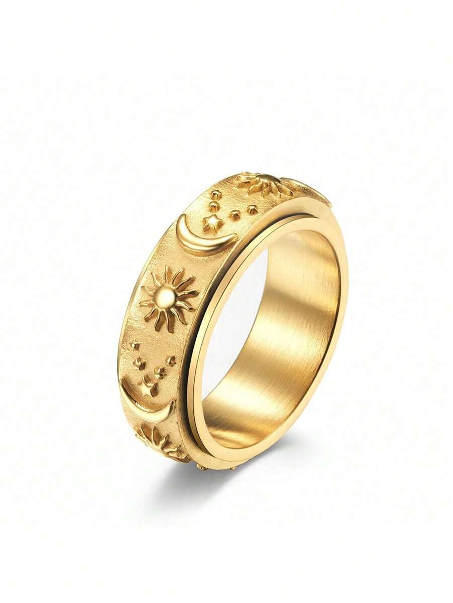 1pc Rotatable Star Moon Sun Ring, Decompression Stainless Steel Finger Jewelry - Gold - View 1