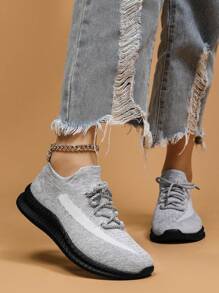 Women's Fashionable Lace-Up Front Low Top Slip On Sneakers, Casual Comfortable Splash Ink Sole Ankle Socks Shoes, Knit Breathable Sports Running Shoes For Daily Wear Spring
