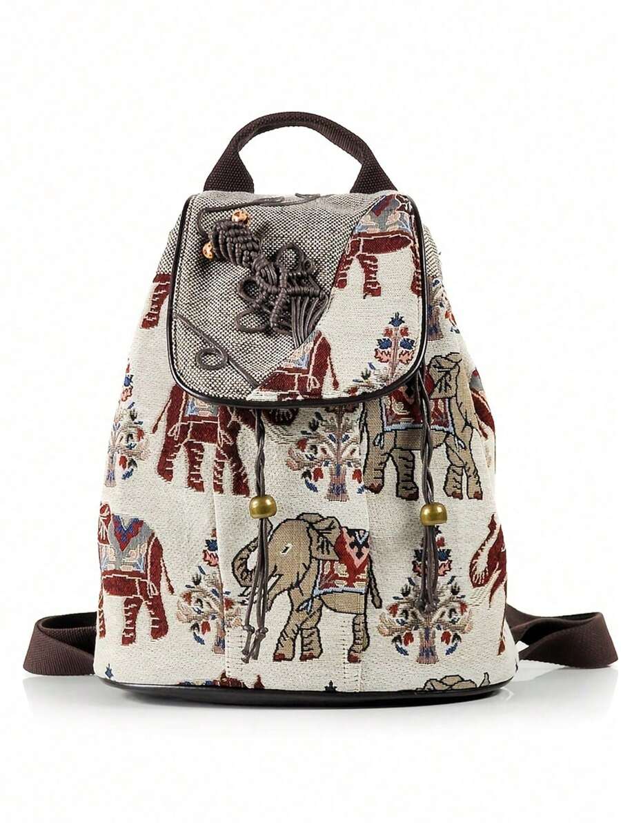 Vintage Style Anti-Theft Backpack With Elephant Patterned Bucket Shape And Handmade Decorations For Women - Multicolor - View 1
