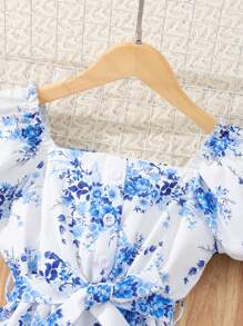Vestido Casual de Verano para Niña Pre-Adolescente con Mangas Cortas y Estampado Floral con Cinturón