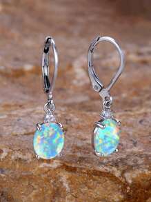 1 Pair Elegant Faux Opal & Oval Stone Hoop Earrings, Cute Egg Shaped Birthstone Earrings For Women, Silver Engagement Jewelry Gift - White - View 4