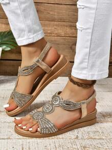 女性大尺碼夏季新品，多用途厚底楔形涼鞋配有鑽石，優雅休閒羅馬鞋 - 金色 - 查看 5