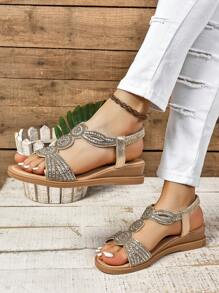 女性大尺碼夏季新品，多用途厚底楔形涼鞋配有鑽石，優雅休閒羅馬鞋 - 金色 - 查看 3