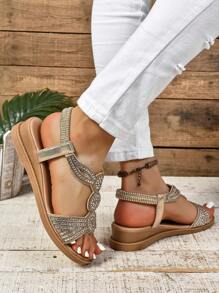 女性大尺碼夏季新品，多用途厚底楔形涼鞋配有鑽石，優雅休閒羅馬鞋 - 金色 - 查看 6