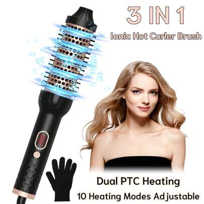 PinkSings 3 In 1 Thermal Brush, 10 Temps LCD Display Up To 410°F/210°C  Iron Heated Curling Brush, Double PTC Ceramic Tourmaline Ionic Volumizing Brush Comb, 110-240V Curling Comb Travel Curling Iron, 30s Fast Heating