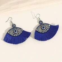 2pcs Bohemian  Earrings, Velvet Eye-Shaped Earrings With Tassels And Rhinestone Decoration, Suitable For Women And Girls