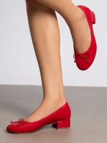 Women's Low Chunky Heel Ballet Pumps Closed Toe Bowknot Detail Single Shoes,Comfortable & Fashionable Slip-On Work Shoes Valentines - 紅色 - 查看 3