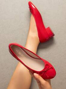 Women's Low Chunky Heel Ballet Pumps Closed Toe Bowknot Detail Single Shoes,Comfortable & Fashionable Slip-On Work Shoes Valentines - 紅色 - 查看 1