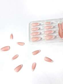 24入組法式中號杏仁形假指甲，白色光澤假指甲，完全覆蓋式自粘指甲，包括果凍膠和磨光板的女性修甲套件 - 白色 - 查看 3