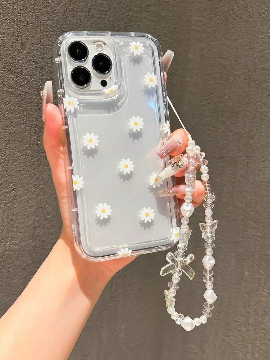 Étui de téléphone à fleurs de marguerite mignon compatible avec 14 Pro Max, 13, 12/12 Pro, 11, 15, 15 Pro Max, 16, 16 Pro Max, 17 Pro Max, avec un cordon blanc en forme de cœur de papillon, et design
