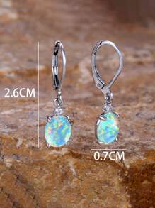1 Pair Elegant Faux Opal & Oval Stone Hoop Earrings, Cute Egg Shaped Birthstone Earrings For Women, Silver Engagement Jewelry Gift - White - View 2