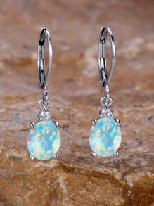 1 Pair Elegant Faux Opal & Oval Stone Hoop Earrings, Cute Egg Shaped Birthstone Earrings For Women, Silver Engagement Jewelry Gift - White - View 3