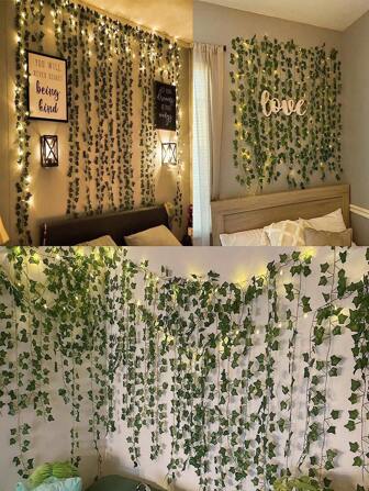 12 piezas de vid artificial con guirnalda de luces, hojas verdes, vid de hadas adecuada para decoración de pared, dormitorio, jardín, hogar, boda, cumpleaños, Día de la Madre, Año Nuevo, fiesta, decoración, Día de San Valentín, regalos, graduación, plantas falsas