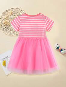 时尚年轻女孩短袖网眼连衣裙卡通女孩图案，夏季户外 - 粉色 - 查看 2