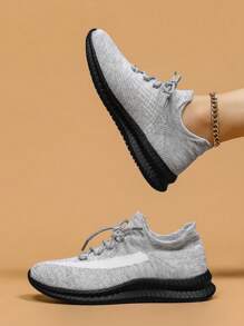 Women's Fashionable Lace-Up Front Low Top Slip On Sneakers, Casual Comfortable Splash Ink Sole Ankle Socks Shoes, Knit Breathable Sports Running Shoes For Daily Wear Spring