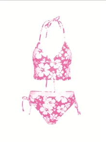 Women's Printed Lace-Up Two-Piece Bikini Set Swimwear Summer - Pink - View 1
