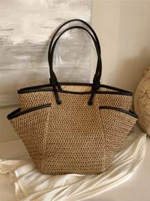 Large Capacity Holiday Beach Bag, Woven Wing Tote Bag With Multiple Pockets, Casual Shoulder Bag For Traveling, Vacation, Beach, Ideal Gift For Women