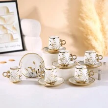 6 piezas Juego de taza y platillo de estilo europeo, borde dorado, taza de café y platillo de cerámica de 2.8oz, adecuado para desayuno, té de la tarde, fiesta de té, hogar, jardín, restaurante y otras ocasiones. Vajilla para verano e invierno, juego de taza y platillo, esencial para la temporada de regreso a clases.