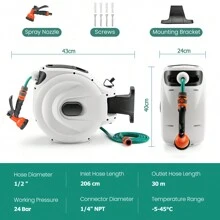 Garden Hose Reel Wall Mount, 1/2 Inch X 30m + 2m Retractable Hose Reel With 8 Pattern Hose Nozzle, 180˚ Swivel Bracket, 1/4 Inch NPT Fittings, Lockable Water Hose Reel, Easy Assembly, Green Hose - 白色 - 查看 2