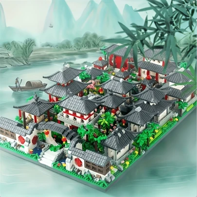 Chinese Classical Landscape Architecture Building Blocks - Suzhou Gardens - LED Light High Difficulty Assembly Building Blocks Toy, Gift Between Friends, Window Display/Collection (Collect 3 Models For A Complete Set) Room Decoration