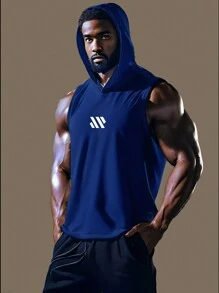 男友风男士无袖运动连帽背心，肌肉健身印花上衣，适合健身、跑步、速干、马拉松、休闲外出 - 寶藍色 - 查看 1