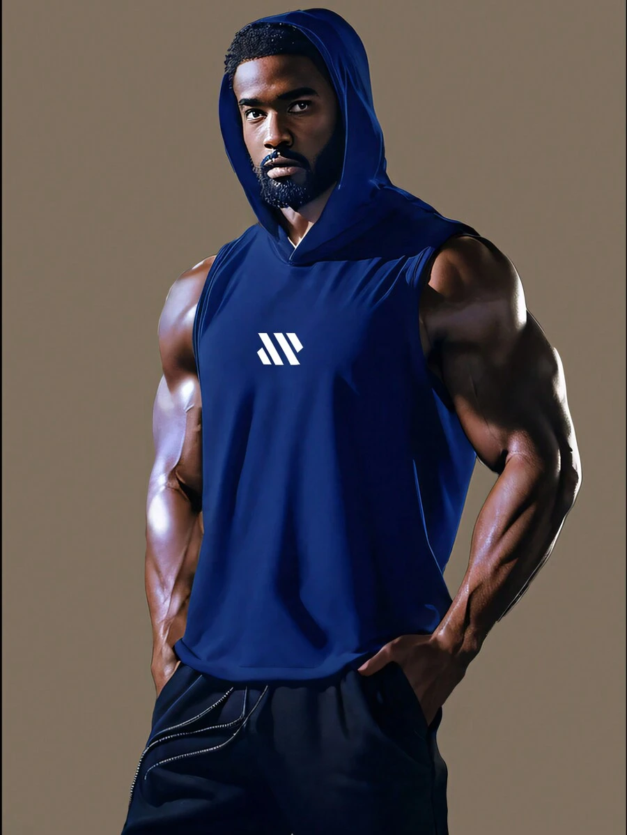 男友风男士无袖运动连帽背心，肌肉健身印花上衣，适合健身、跑步、速干、马拉松、休闲外出 - 寶藍色 - 查看 1