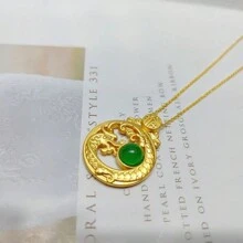 天然軟玉，鍍金工藝鑲嵌項鍊吊墜，時尚珠寶，女士項鍊珠寶，寶石項鍊，假日禮物，獻給她的禮物。 - 龍G1 - 查看 3